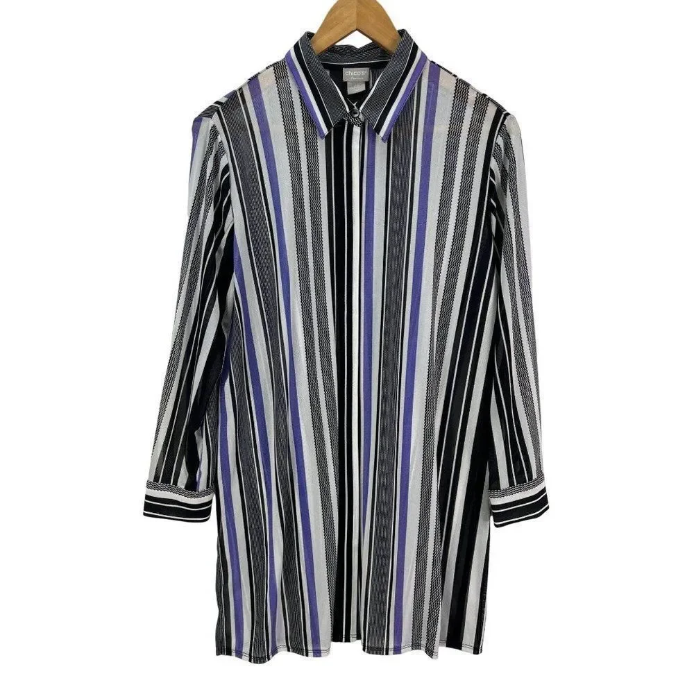 Chico's Travelers sz 2 P womens L Long sleeve semi sheer striped button up top - Picture 1 of 6